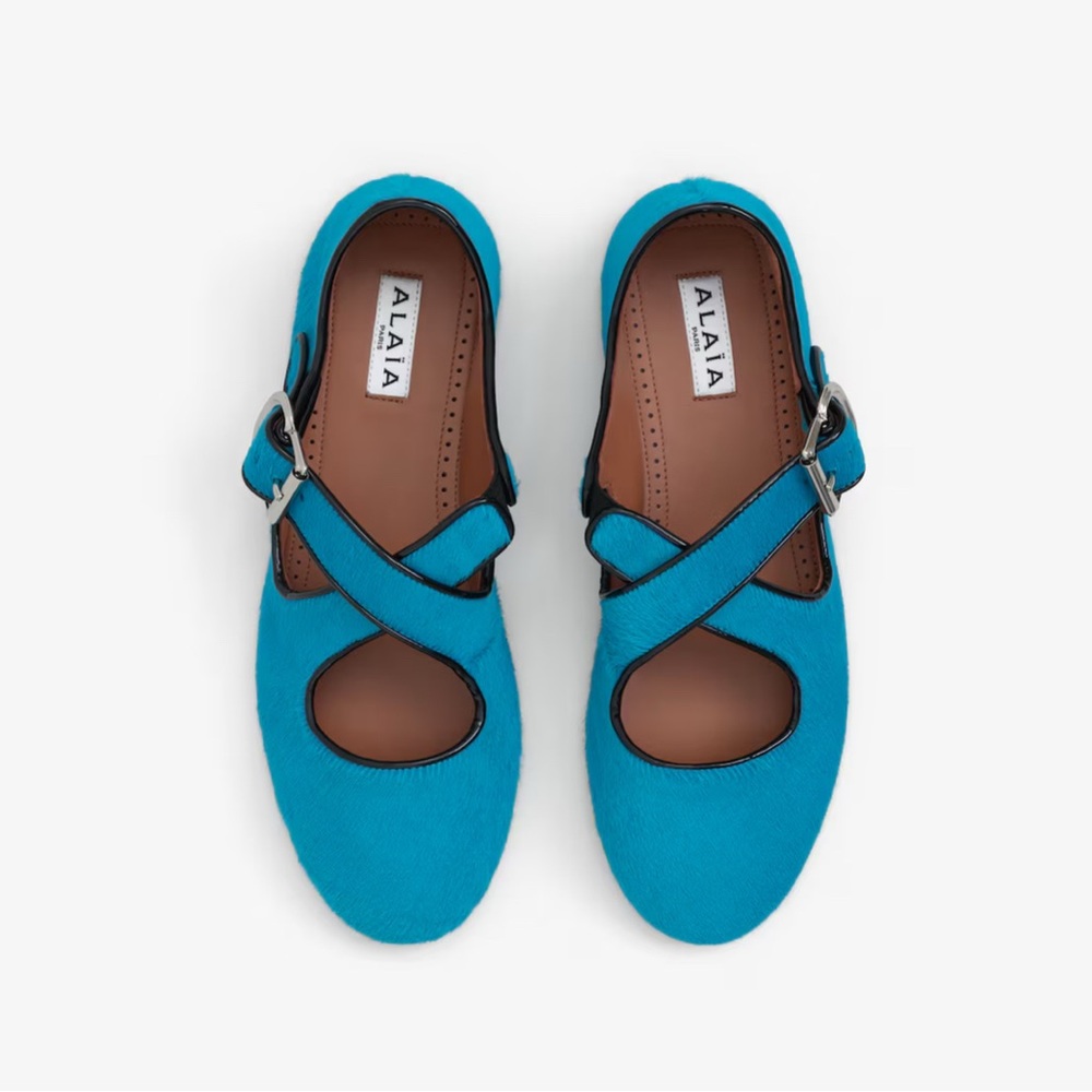 Alaia cross cross calf hair ballet flats turquoise blue size 40 EU / 10 US - Picture 5 of 16